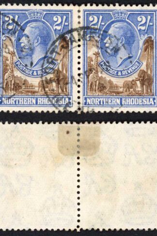 Northern Rhodesia SG11 2/- Brown and Ultramarine Wmk Mult Script CA Pair Used