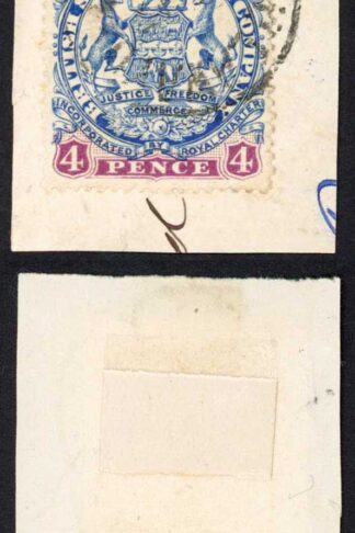 Rhodesia SG32 4d Ultramarine and Mauve Die I Wove Paper Perf 14 Used on Piece