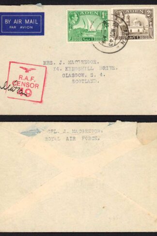 Aden KGVI 2a and 1r on RAF Censor Cover