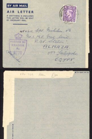 Aden GB KGVI 3d Pale Violet FPO 729 Censor cover to Egypt
