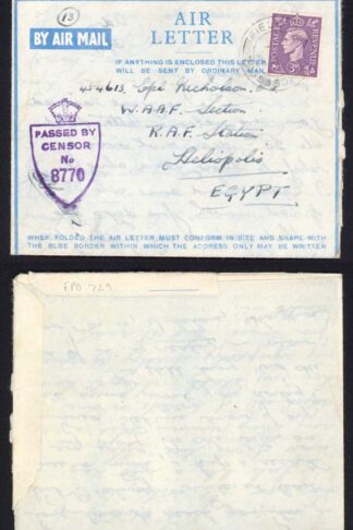 Aden GB KGVI 3d Pale Violet FPO 729 Censor cover to Egypt