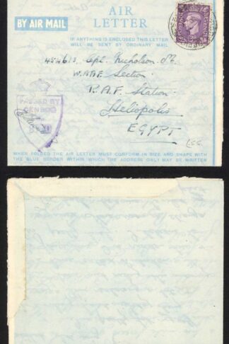 Aden GB KGVI 3d Pale Violet RAF Censor cover to Egypt