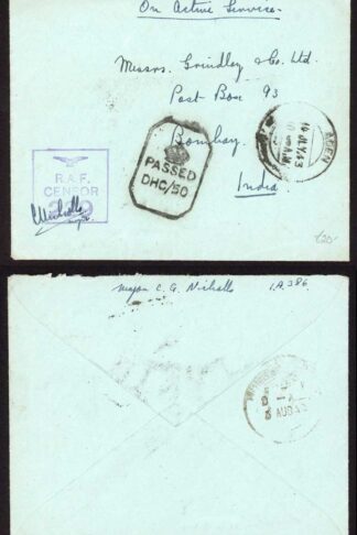 Aden 1943 Stampless RAF Censor cover to India