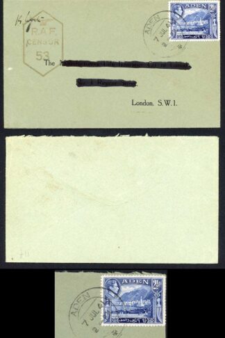 Aden KGVI 2 1/2a on RAF Censor cover to the UK