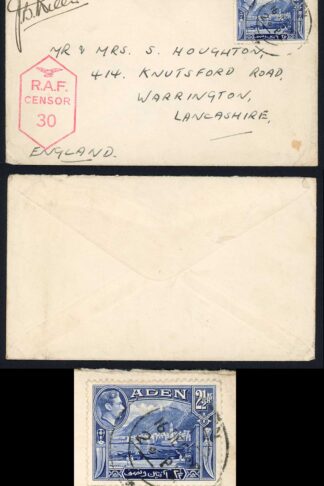 Aden KGVI 2 1/2a on RAF Censor cover to the UK