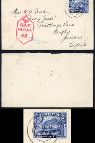 Aden KGVI 2 1/2a on RAF Censor cover to the UK