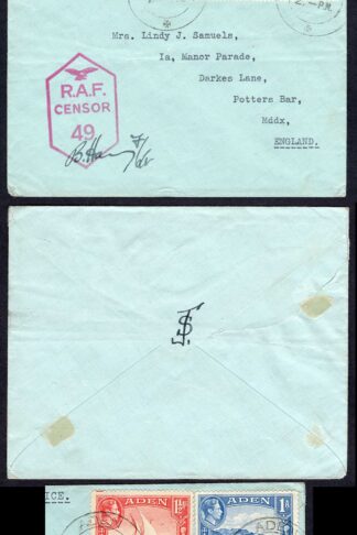 Aden KGVI 1a and 1 1/2a on RAF Censor cover