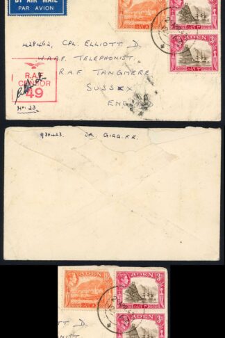Aden KGVI 3a x 2 and 8a (damaged) on RAF Censor cover