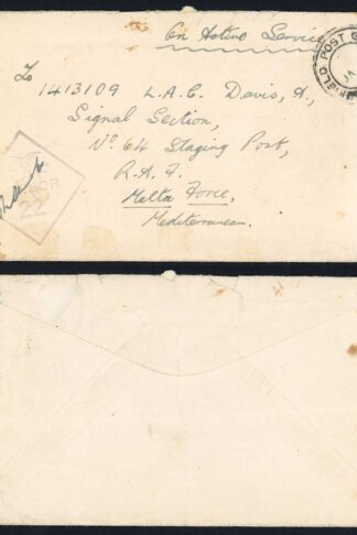 Aden 1945 Field Post Office Stampless Censored Cover to MALTA Force