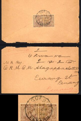 Penang Paquebot Cover with Indian 1a Pair