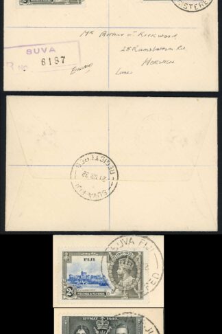Fiji 2d Silver Jubilee and 2d Coronation on a cover to the UK