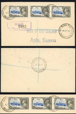 Fiji 2d Silver Jubilee x 3 on a Registered Cover to Samoa