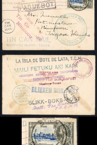 Fiji 1936 to Tonga Tin Can Mail Numerus Handstamps