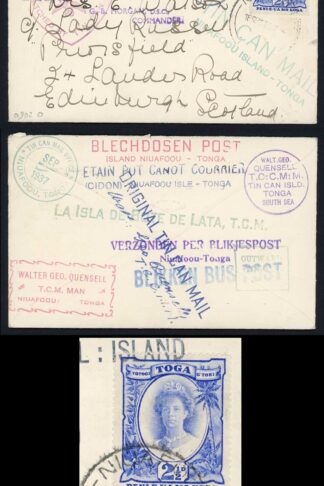 Tonga to Scotland 1937 Tin Can Mail Numerus Handstamps