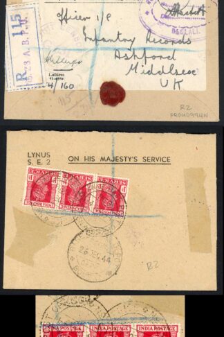 India 1944 Registered OHMS on an Officially re-used envelope