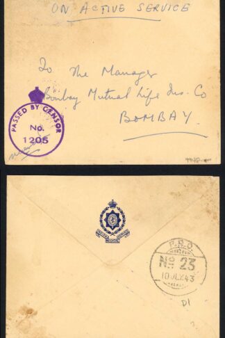 India 1943 Stampless Active Service Censored Cover
