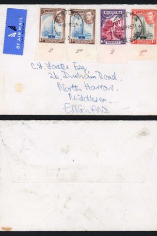 Bermuda KFVI 1d 1 1/2d x 2 and 6d Plate number examples on a Cover to the UK
