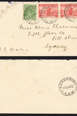 Australia KGV 1d and 2d Pair Airmail route from Cloncurry to Sydney via Narromi