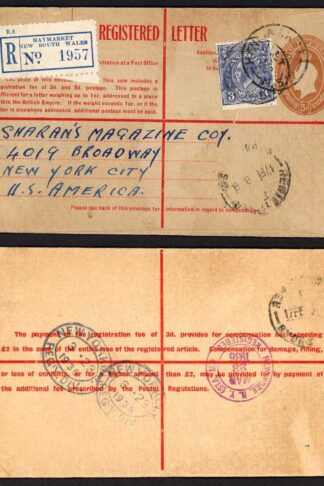 Australia 1936 5d Registered Envelope uprated with a 3d Stamp to New York