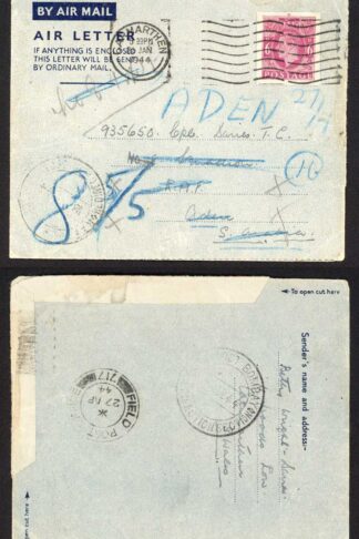 Aden GB Airmail Letter to Cpl Davies TC redirected with d/r FPO 717 p/m (Egypt)