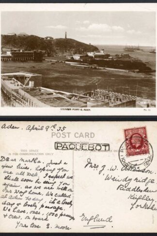 Aden 1935 Postcard GB stamp with  Napoli p/m and boxed Paquebot