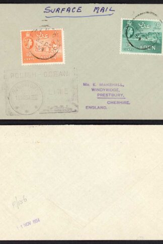 Aden 1954 Surface mail cover to England