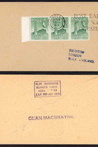 Aden 1958 Post Early For Christmas Slogan and Clan Macbrayne hand stamp
