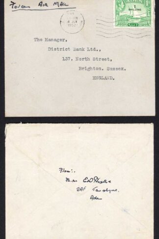 Aden 1952 KGVI airmail cover to Brighton