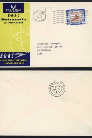 Sudan 22 Aug 1957 First Flight cover between London and Aden