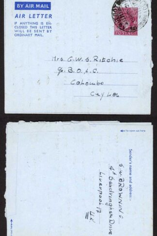 Aden 1951 GB Airletter to Ceylon Aden paquebot postmark