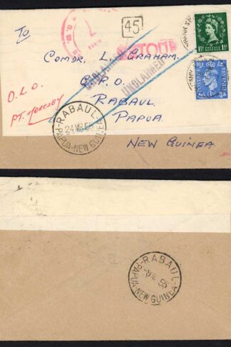 1955 KGVI and QEII stamps Unclaimed cover to Papua New Guinea