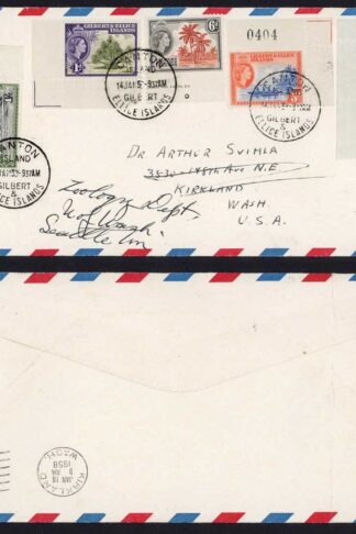 Gilbert and Ellice 1958 Air Mail redirected Cover from CANTON Is to USA