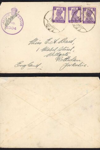 India KGVI 3p x 3 on a Censored cover to Yorkshire