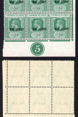 Cayman Is SG57 1/2d opt WAR TAX U/M Plate Block of 6