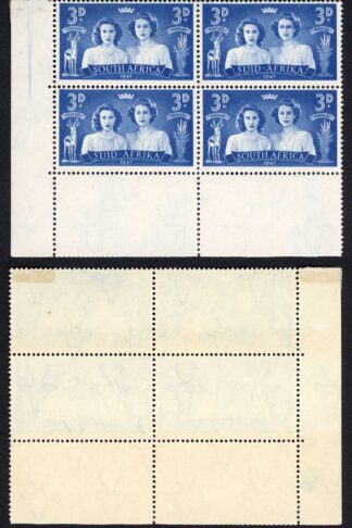 South Africa SG113a 1947 Royal Visit 3d Blue R19/2 Black-eyed Princess M/M