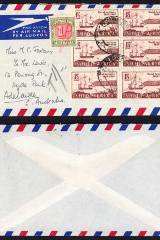 South Africa Airmail Cover to Australia with a 1/- Post Due