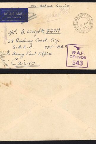 On Active Service 1943 RAF Censor 543 Field Post Office to Cairo