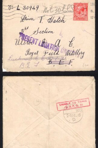 1915 Cover to BEF unable to trace hand stamp and Present Location unsertain