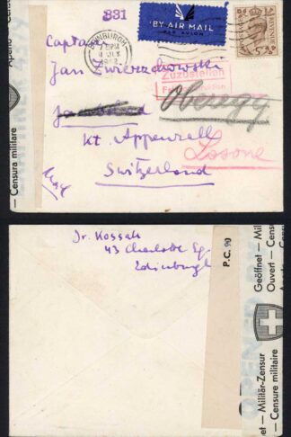 1942 GB  Censored cover to Switzerland with Swiss Censure Militarire label