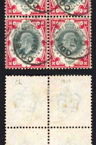KEVII SG259 1/- Dull green and scarlet/chalky Block (some perf separation) Cat
