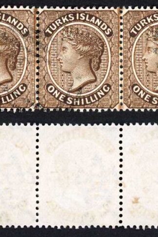 Turks and Caicos SG60 1/- Sepia Wmk CA STRIP of FIVE