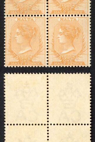 Malta SG18 1/2d Orange-Yellow Wmk CA SUPERB FRESH Block 3 x U/M Cat 160++ pounds