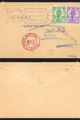 Malta 1925 Cover to Washington with Unknown handstamp