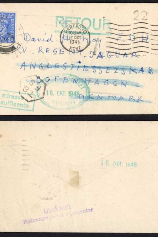 GB to Denmark 1948 Cover Address insurffiassnte handstamp