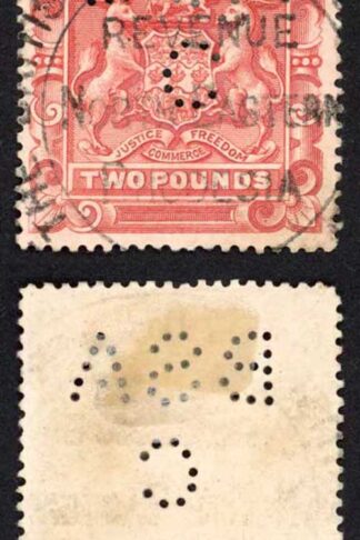 Rhodesia SG11 Two Pound Rose-red Perfin British South Africa Company