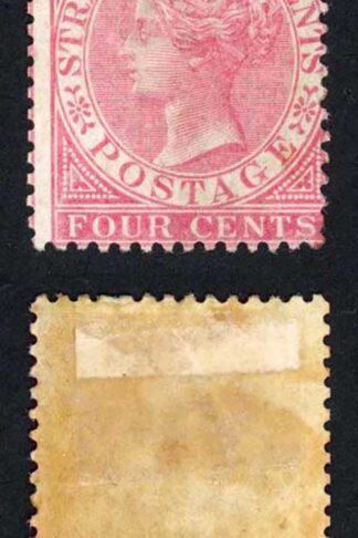 Straits Settlements SG12 4c Rose Wmk CC M/M (toned gum) Cat 120 pounds