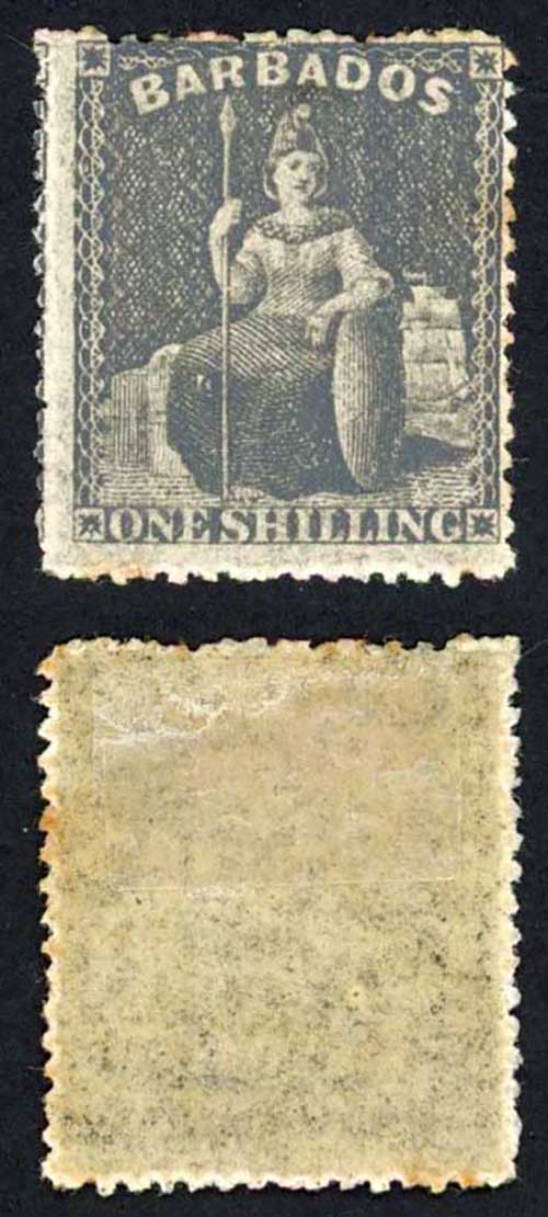 Barbados SG35 1/- Black No Wmk Rough Perf Fresh Colour Cat 65 pounds