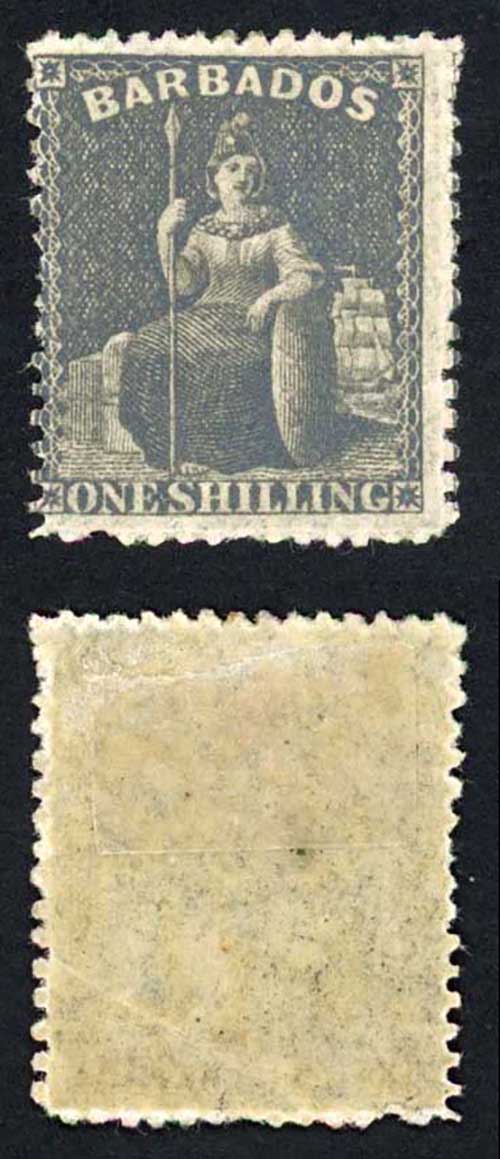 Barbados SG35 1/- Black No Wmk Rough Perf Fresh Colour Cat 65 pounds