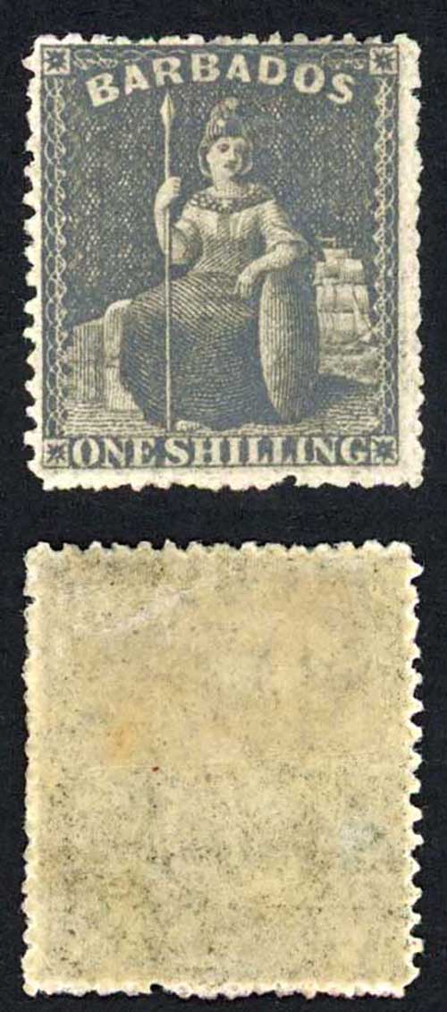 Barbados SG35 1/- Black No Wmk Rough Perf Fresh Colour Cat 65 pounds