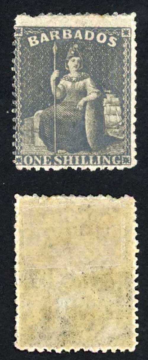 Barbados SG35 1/- Black No Wmk Rough Perf Fresh Colour Cat 65 pounds